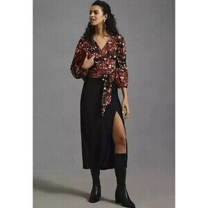 NWT Anthropologie Balloon-Sleeve Blouse‎ Open Back Tie Belt Top Multicolor XXS